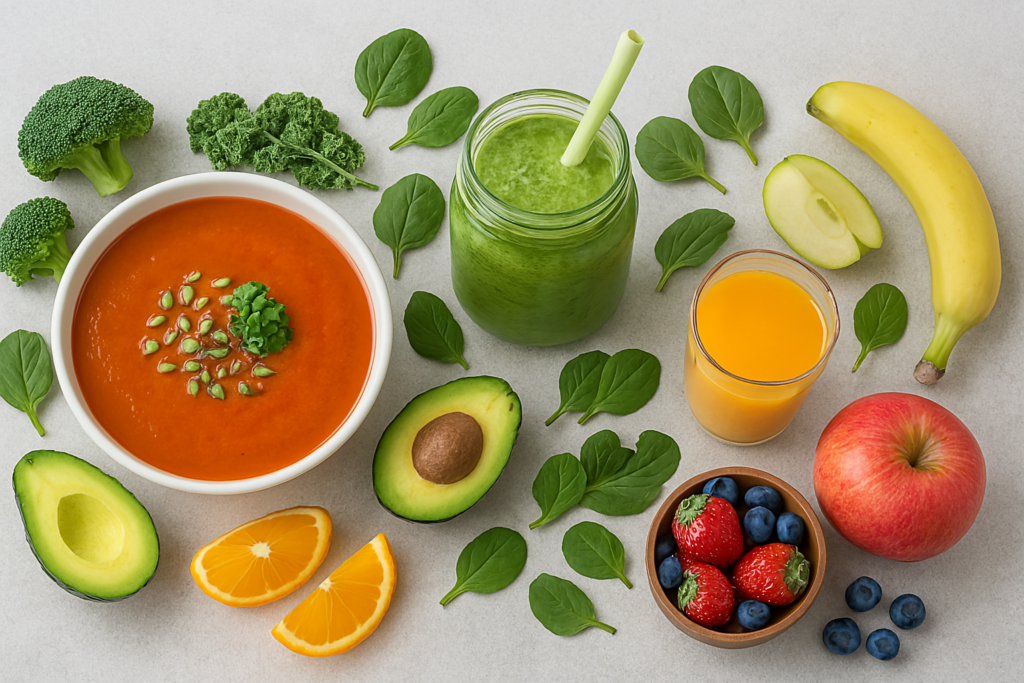 Gezonde voeding met soep-fruit-smoothie - ChatGPT beeld